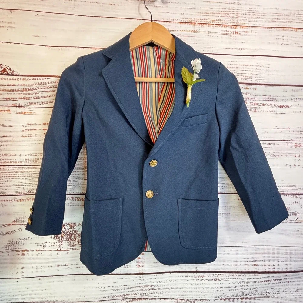 Vintage Blazer 8/10 Kids Navy Blue Textured Gold Crest Buttons Preppy Ivy Twee